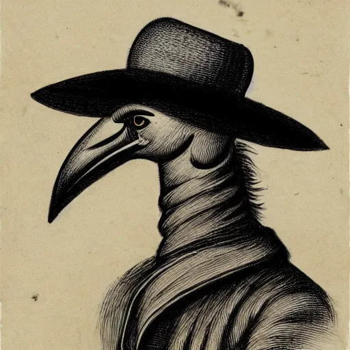 Image similar to crow - like humanoid with long neck and equine face, forest of neckties, straw hat and overcoat, bucolic, rococo, sketch