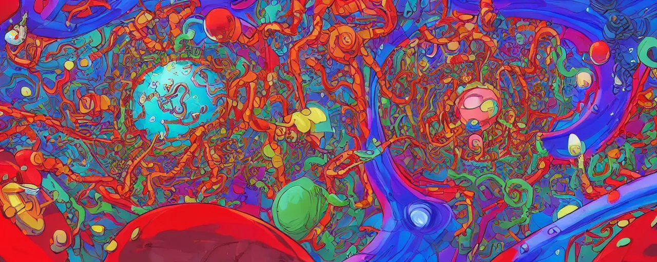 Prompt: red blue green surreal moebius illustration super mario having psychedelic acid trip on lsd glichy hypnotic fractals spirals with chemical molecules structures. fluid flowing shapes by sachin teng and sergey kolesov and ruan jia and heng z. graffiti art, scifi, fantasy, hyper detailed. octane render. concept art. trending on artstation