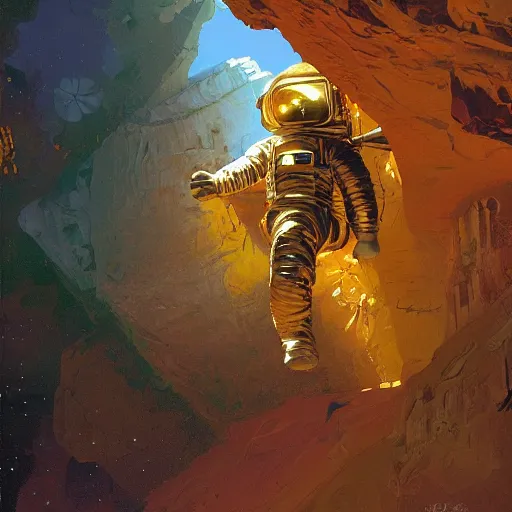 Image similar to golden astronaut in cave, digital painting by dean cornwall, rhads, john berkey, tom whalen, alex grey, alphonse mucha, donoto giancola,