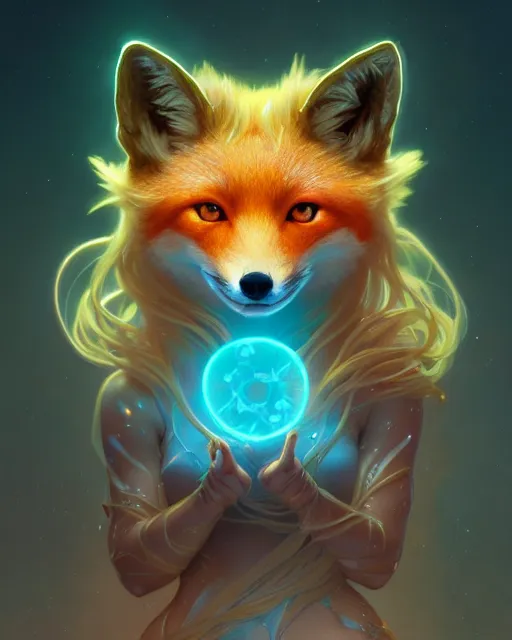 Image similar to one singular portrait of a cute bioluminescent 🦊, highly detailed, digital painting, cinematic, hyper realism, dark retrowave, art by Stanley Lau and Artgerm and magali villeneuve and Alphonse Mucha, artstation, octane render, cgsociety