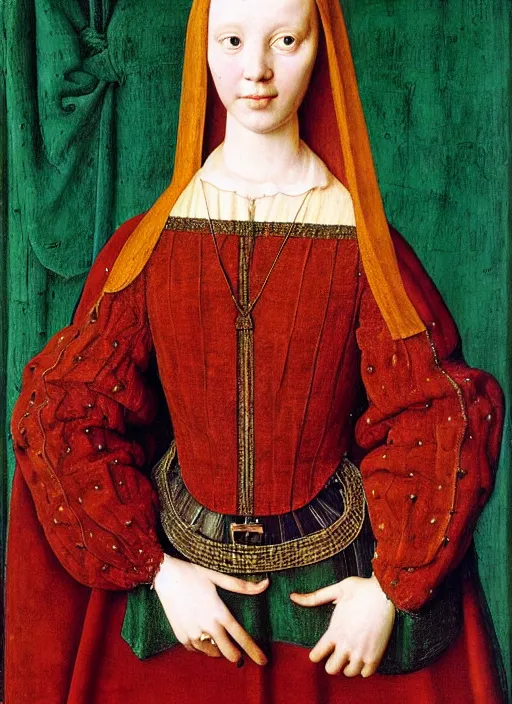 Image similar to half - length portrait of young woman in medieval dress, art by jan van eyck,