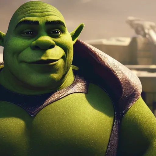 Image similar to shrek as superman in halo 5, splash art, movie still, cinematic lighting, dramatic, octane render, long lens, shallow depth of field, bokeh, anamorphic lens flare, 8 k, hyper detailed, 3 5 mm film grain