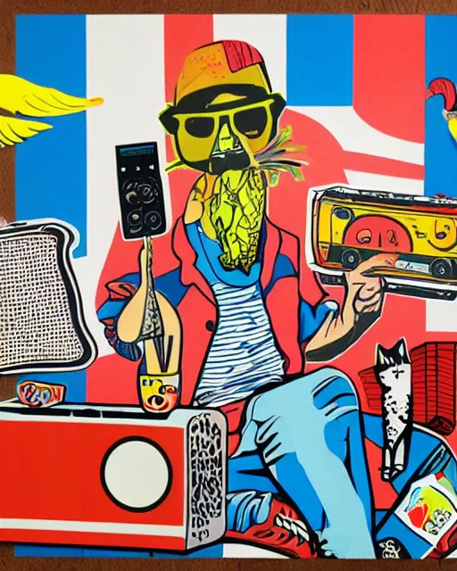 Image similar to small pop art collage mural with a cat, skateboard, boombox, american flag, a large taco, and a bird of paradise plant, by Alex Yanes