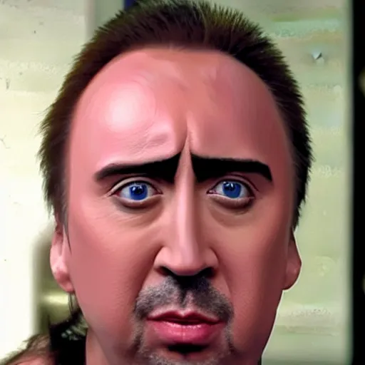 Prompt: tranny nic cage putting on makeup sloppy in the mirror