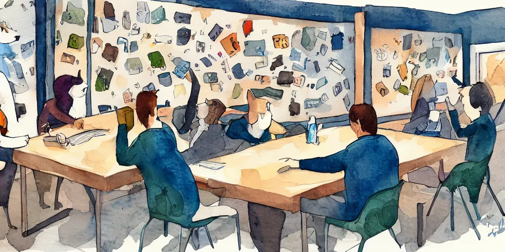 Prompt: watercolor illustration style, cats in jackets research meet in big table, business, inspiring art