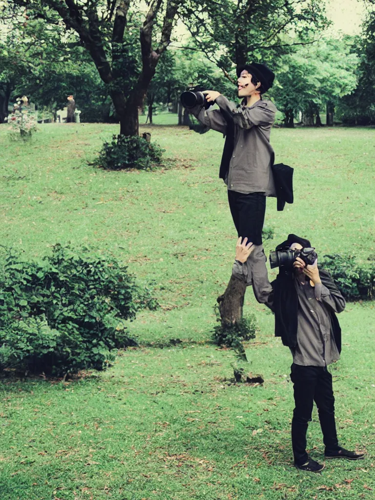 Prompt: slim young man with dark curly hair wearing a black artists beret, a green shirt, black trousers, taking a photo with his 35mm camera in a park highly lomo bright colours vintage