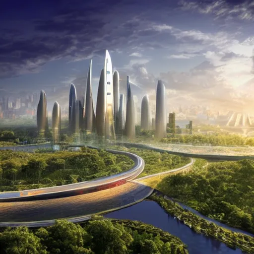 Prompt: scenic view of a futuristic modern utopian eco friendly city