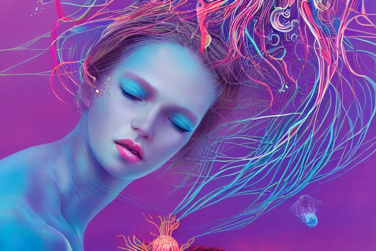 Image similar to jellyfish and sea creatures swimming around beautiful woman body, elegant, highly detailed, smooth, sharp focus, trippy, dmt, psychedelic, illustration, beautiful, geometric, trending on artstation, cinematic, artwork by WLOP