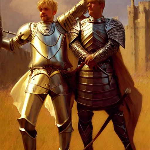 Image similar to attractive arthur pendragon and his favourite attractive male knight, they are in love, camelot, natural lighting, path traced, highly detailed, high quality, digital painting, by gaston bussiere, craig mullins, j. c. leyendecker