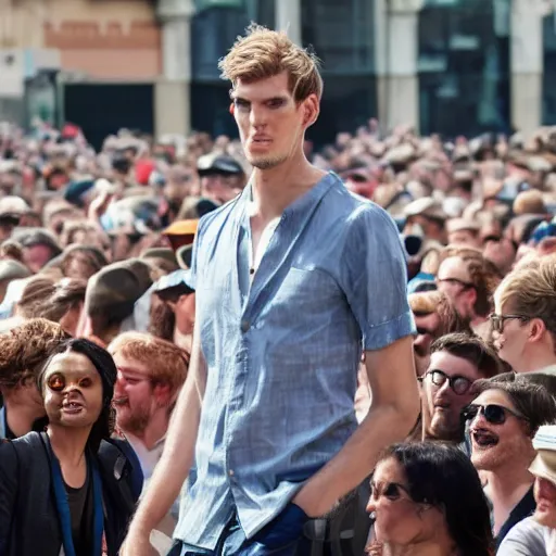 Image similar to a 7 foot tall man walking among the crowd