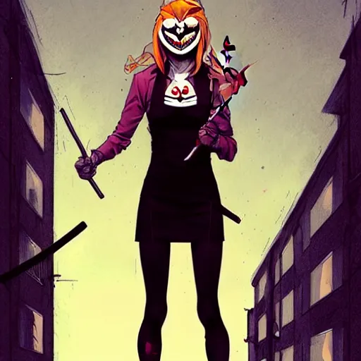 Prompt: style of Jaime McKelvie and Joshua Middleton comic book art, cinematic lighting, realistic, bunny mask female villain holding a bloody knife, The Purge, standing in an alleyway, full body sarcastic pose, knee high socks, symmetrical body, realistic body, night, horror