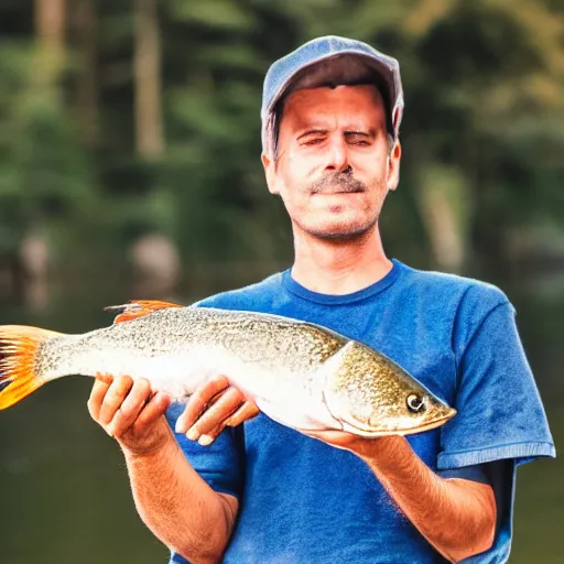 Prompt: a man holding a fish