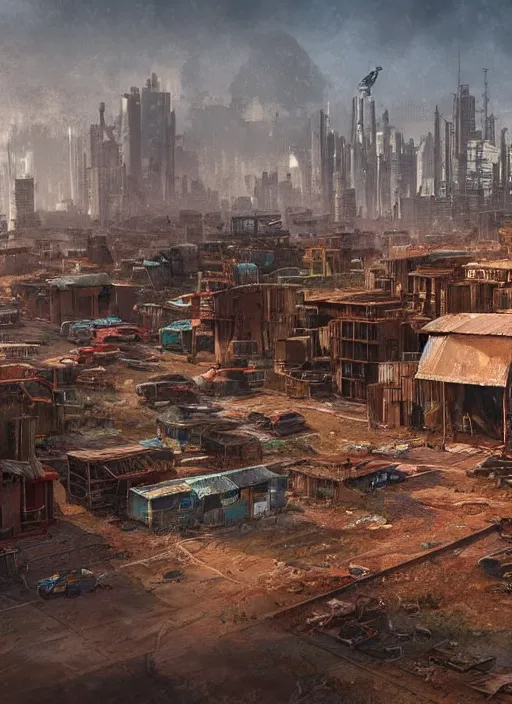 Image similar to A professional digital painting of a far-future city, rust, corrugated metal, shanty town, by Greg Rutkowski and James Gurney, trending on Artstation