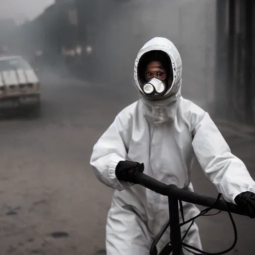 Image similar to a photo of a female wearing a hazmat suit, riding a bike, side-view, smoke in the background, filthy streets, broken cars. Vines growing. Jpeg artifacts. Full-color photo. Color color color color color. Award-winning photo. OM system 12–40mm PRO II 40mm, 1/100 sec, f/2 8, ISO 800