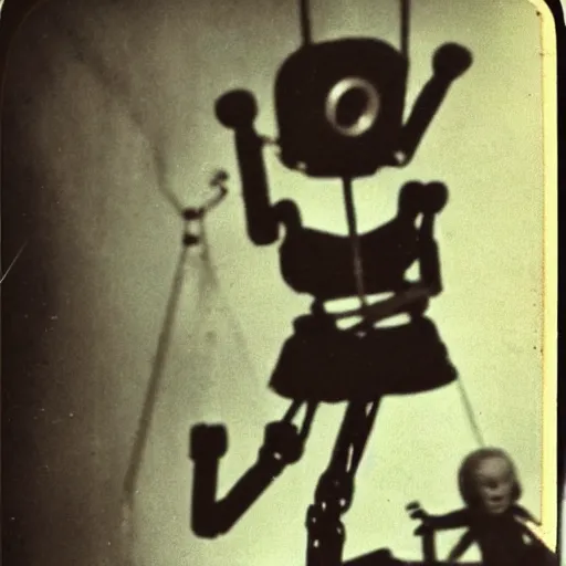 Image similar to female alive, creepy marionette puppet, leaping towards viewer, horrific, unnerving, clockwork horror, pediophobia, lost photograph, dark, forgotten, final photo found before disaster, human in the background polaroid,