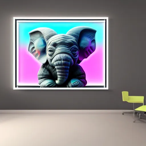 Image similar to a neon elephant yoda in a modern office space, art designers magazine HD photo superrealism 3d 8k resolution