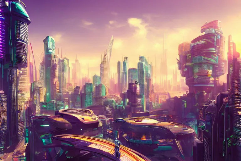 Image similar to optimistic bright utopian futuristic cyberpunk city, daytime, extremely realistic, extremely detailed