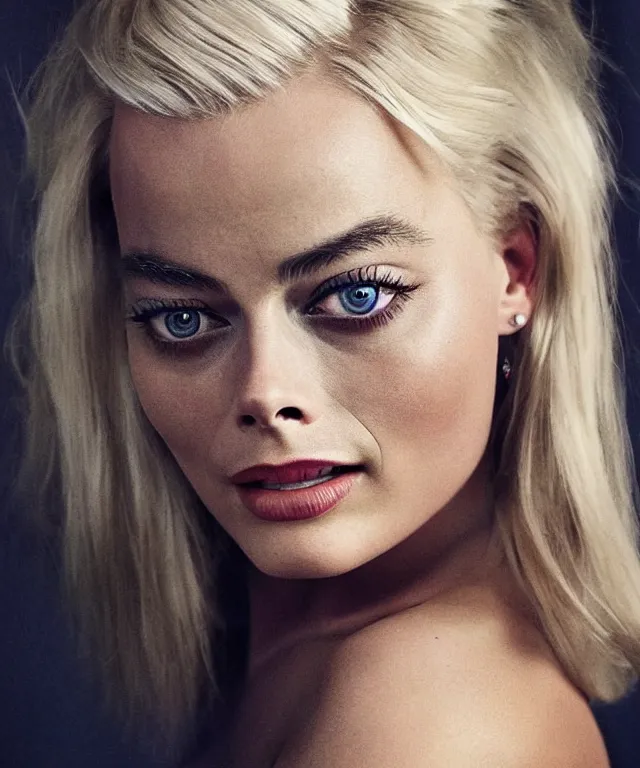 Image similar to a color photograph of margot robbie, by annie leibovitz, platinum blond, intense, bold, exaggerated, ultra sharp, extra details, ultra high quality, trending on pinteresst