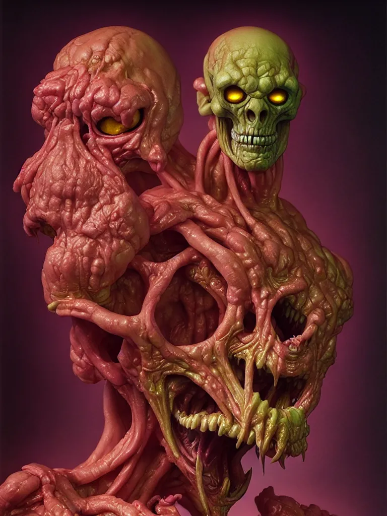 Image similar to hyperrealistic rendering, fat smooth cronenberg flesh monster skeletor by donato giancola and greg rutkowski and wayne barlow and zdzisław beksinski, product photography, action figure, sofubi, studio lighting, colored gels