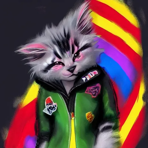 Image similar to wide angle full body, jacket wearing fluffy cute rainbow kitten wearing a black leather motorcycle jacket, cinematic concept art