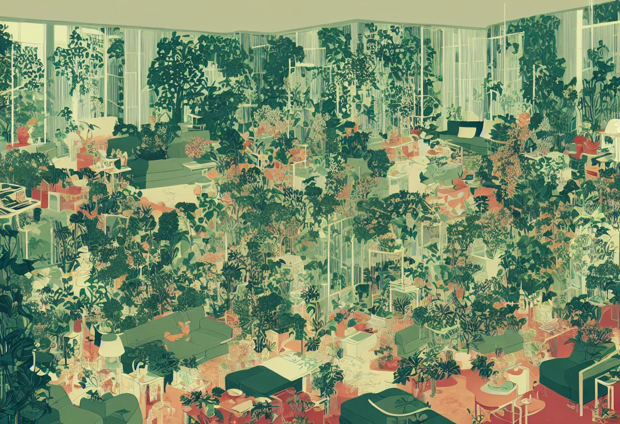 Image similar to luxury living room full of plants and trees by victo ngai