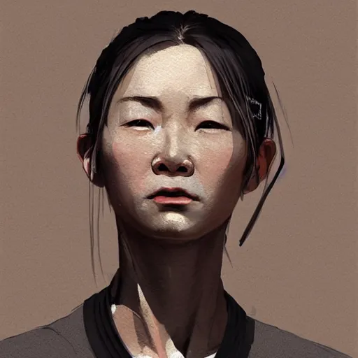 Image similar to portrait of a short muscular Japanese woman with a short ponytail wearing a gray t shirt and a work apron, dramatic lighting, illustration by Greg rutkowski, yoji shinkawa, 4k, digital art, concept art, trending on artstation