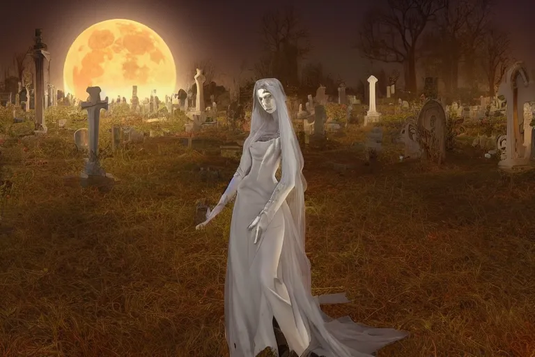 Image similar to an ultra detailed animation of a ghost bride in a graveyard at midnight on halloween, digital art, dark fantasy, concept art, soulslike, by alphonse mucha, blood moon eclipse, ruined building in the background, artstation, 8 k, unreal engine render