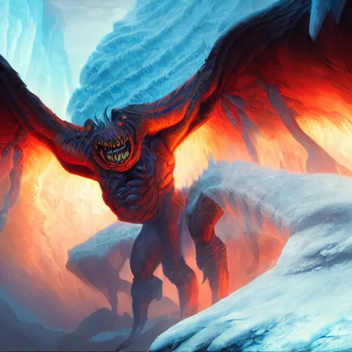 Image similar to balrog demon with wings extended in the ice cave. greg rutkowski. boris vallejo. color grading lut 3 8 4 0 x 2 1 6 0