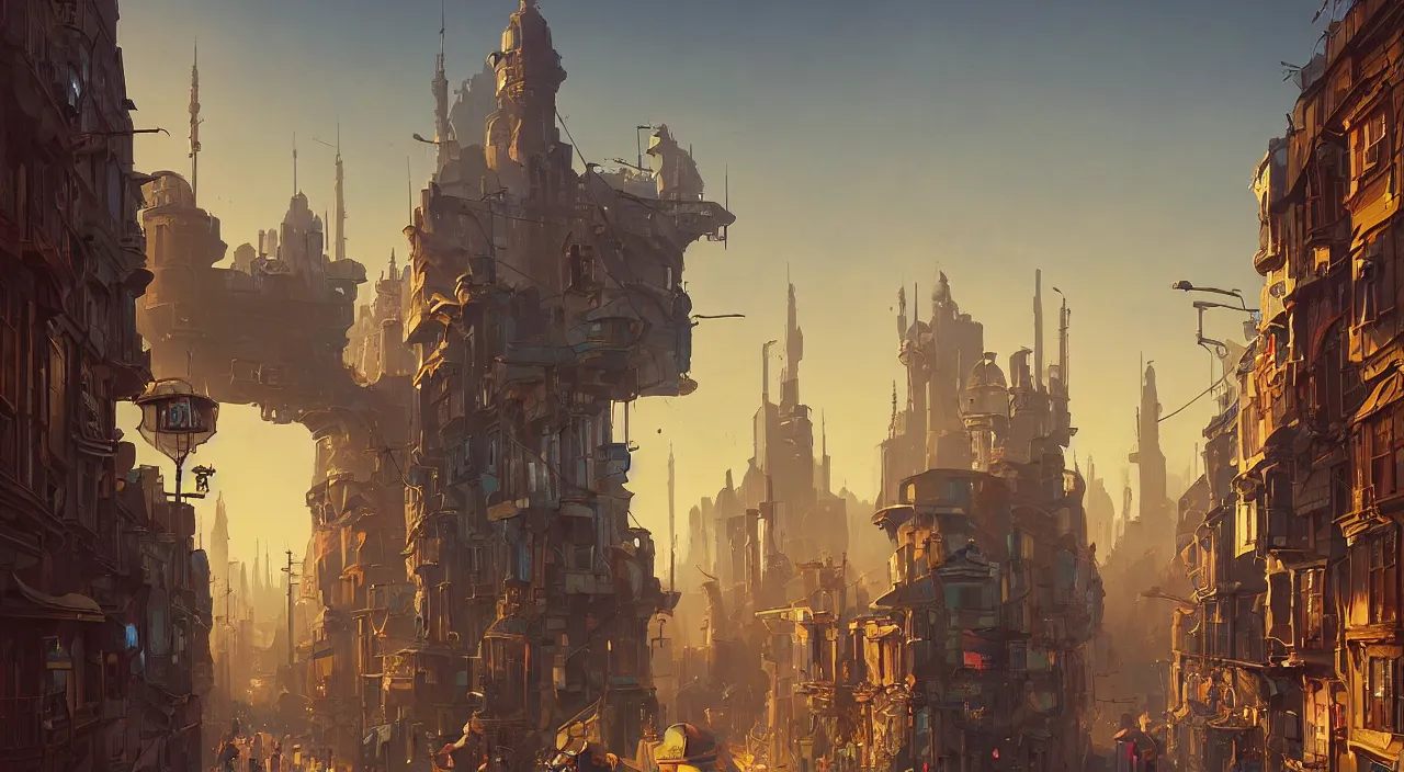 Image similar to a street level painting towards the horizon with high detail, sci - fi colorful victorian city at golden hour with sharp shadows by tyler edlin and sparth, wide angle lens, 4 k, vray, art nouveau influences. roger deakins, cinematic cinematography.