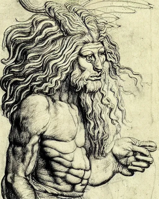 Prompt: human - eagle - lion - ox hybrid. drawn by da vinci