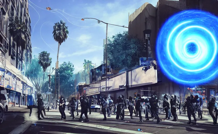 Image similar to people with posters attacking cops, a huge blue spiral - shaped white luminous attractor is floating on the horizon near the sun, stores in los angeles with light screens all over the street, concept art, art for the game, professional lighting, dark night lighting from streetlights