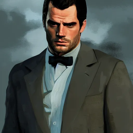 Image similar to Henry Cavill as the Godfather, gta 5 cover style, highly detailed, digital painting, Trending on artstation , HD quality, dramatic light, octane