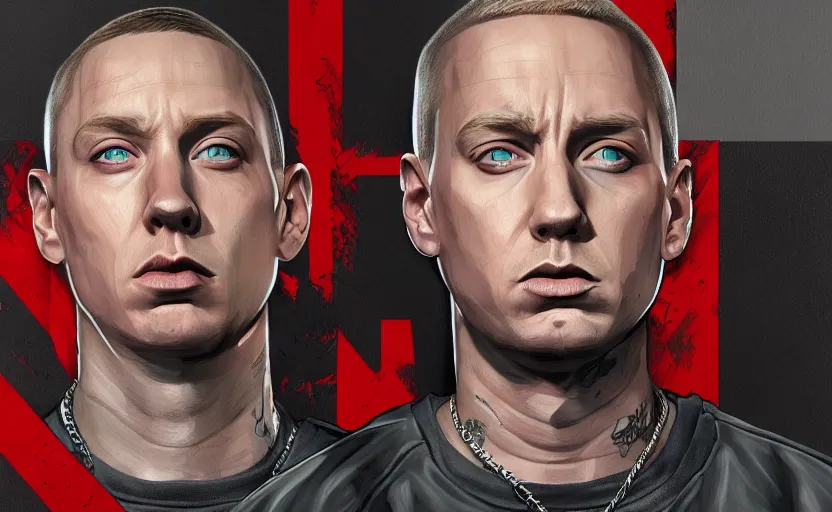 Image similar to eminem in gta v covert art painted by stephen bliss, centered, uncropped, full body, symmetrical face, crispy, trending on artstation, deviantart