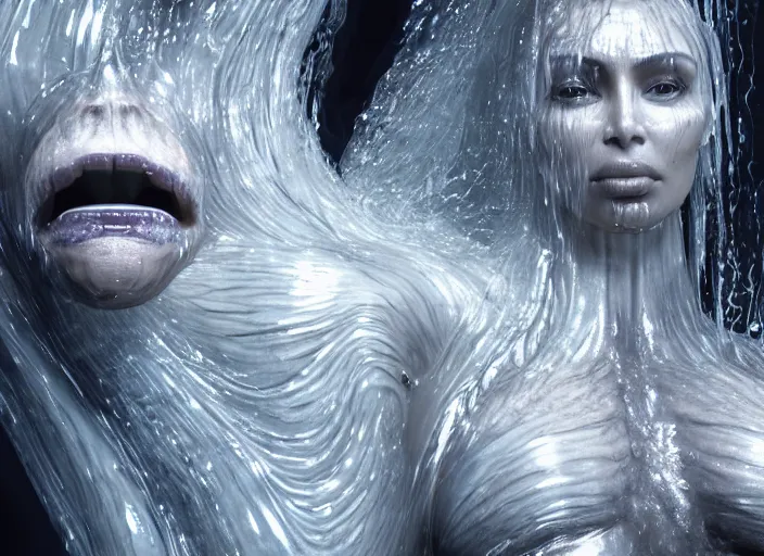 Image similar to epic still of kim kardashian trapped in a transparent alien liquid, wet flowing hair, gooey skin, illustration, unreal engine 5, 8 k, made by h. r. giger.