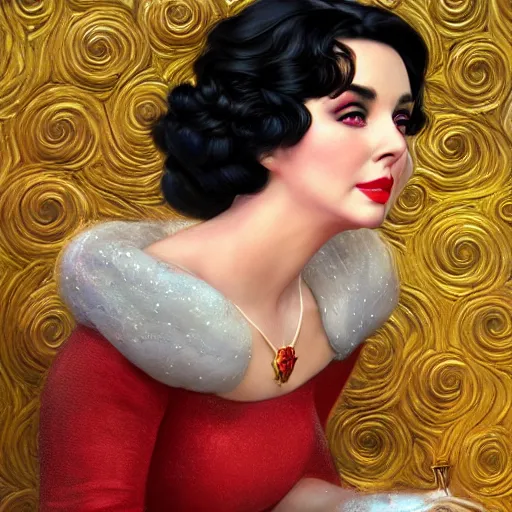 Prompt: elizabeth taylor as snow white, au naturel, hyper detailed, digital art, trending in artstation, cinematic lighting, studio quality, smooth render, unreal engine 5 rendered, octane rendered, art style by klimt and nixeu and ian sprigger and wlop and krenz cushart