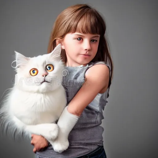 Image similar to photographic studio portrait of a child holding a birman cat, high quality, clean, anatomically accurate, studio lighting, stock photo, 8k, hd