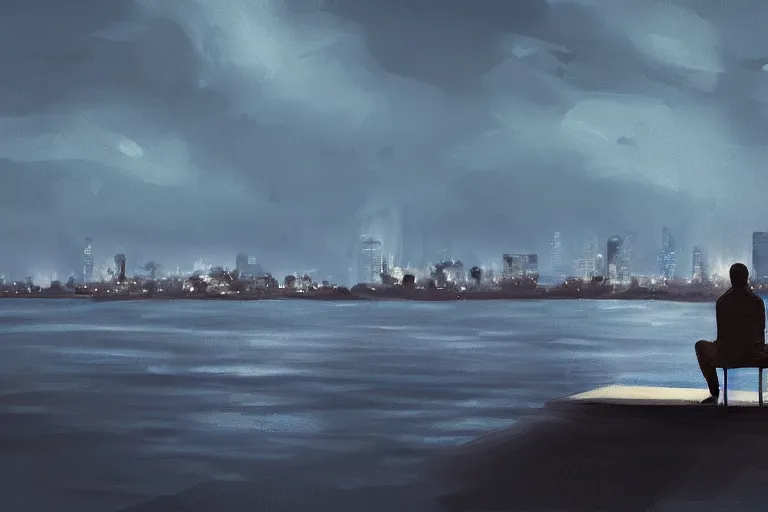 Image similar to A man sitting on a jetty, city in the background, cinematic lighting, Digital Painting