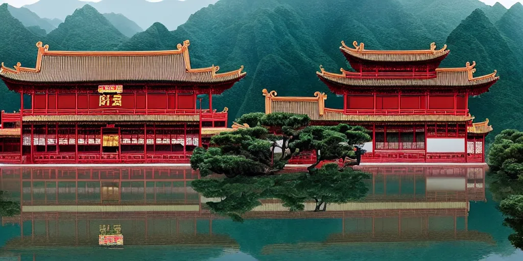 Image similar to a very high resolution image from a new movie, upside - down chinese temple, beautiful scenery, photorealistic, photography, directed by wes anderson