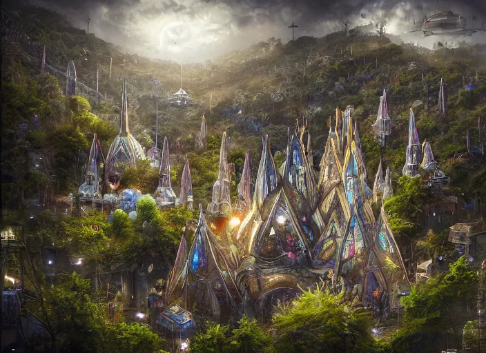 Image similar to favela spaceship cathedral, forest environment, sorcery, scenery, professional, award - winning, trending on artstation, hyper detailed, realistic, beautiful, emotional, shiny, somber, picture