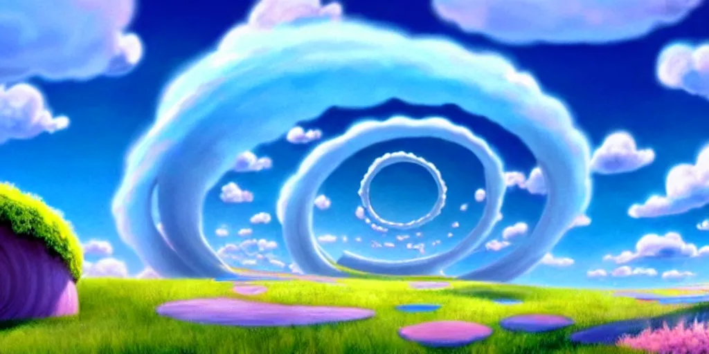 Prompt: cartoon concept art, clean blue sky, spiral clouds, from lorax movie