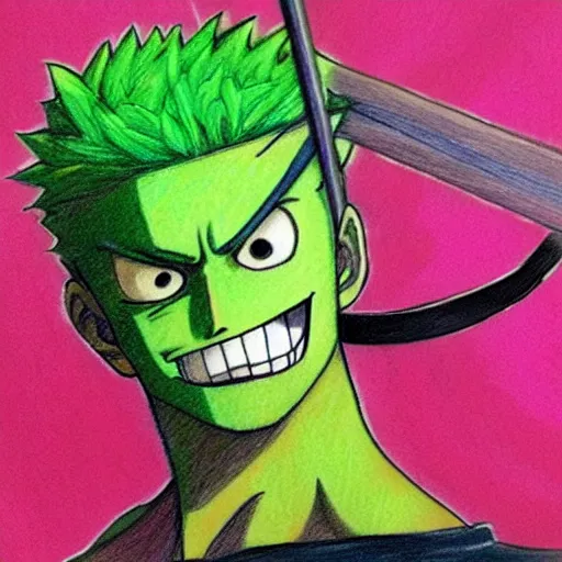 Image similar to colourful pencil sketch of zoro from one piece using mops, beautiful, masterpiece, digital art, detailed, trending on artstation