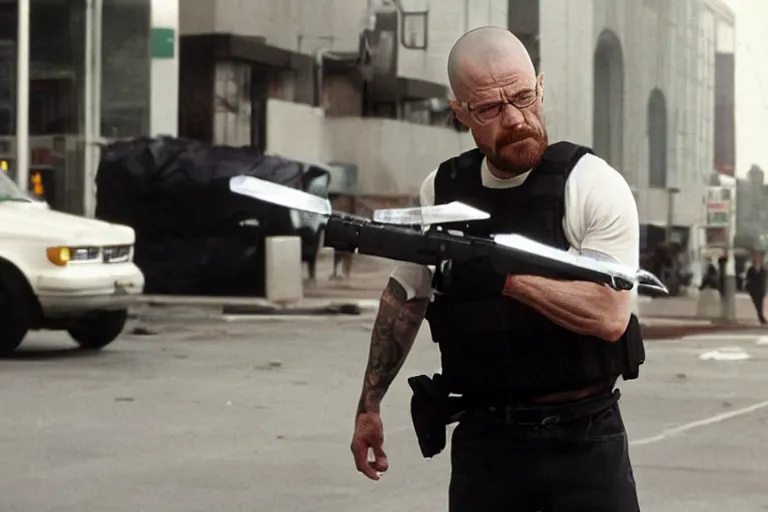 Image similar to medium full shot of walter white as a violent domestic terrorist wearing a black head covering made from a polyester material and a stained red tank top setting up a backpack at a main new york street in the new movie directed by ice cube, movie still frame, wearing a black bullet proof vest, promotional image, critically condemned, relentlessly detailed