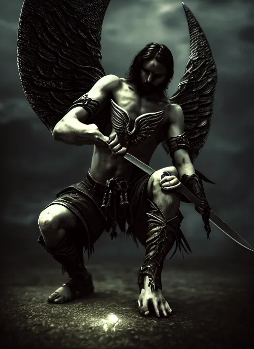 Image similar to fantasy art, fallen man angel kneeling on the knees with a sword and shield, close-up, bokeh. dark art masterpiece artstation. 8k, sharp high quality illustration in style of Jose Daniel Cabrera Pena and Leonid Kozienko, Tooth Wu, studio lighting. angel with big wings