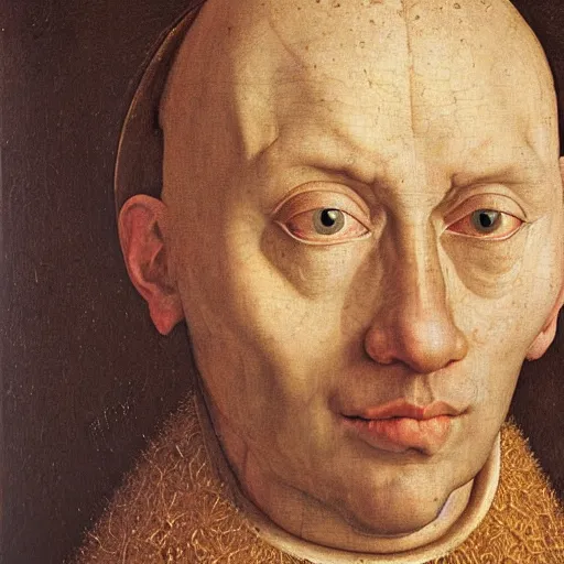 Prompt: portrait of a human with the face of a musca domestica, oil painting by jan van eyck, northern renaissance art, oil on canvas, wet - on - wet technique, realistic, expressive emotions, intricate textures, illusionistic detail