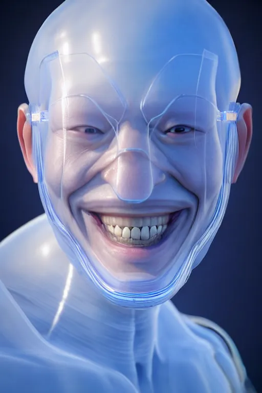 Image similar to hyperrealistic close-up translucent exoskeleton!! smiling chinese man covered highly detailed concept art eric zener elson peter cinematic side soft blue light high angle hd 8k sharp shallow depth of field