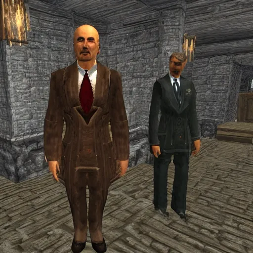 Image similar to Alexander Lukashenko wearing a suit and tie in Balmora in Elder Scrolls III: Morrowind, 2002 Morrowind graphics
