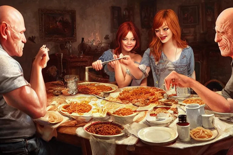 Image similar to emma stone having a spaghetti dinner with michael berryman, an oil painting by ross tran and thomas kincade