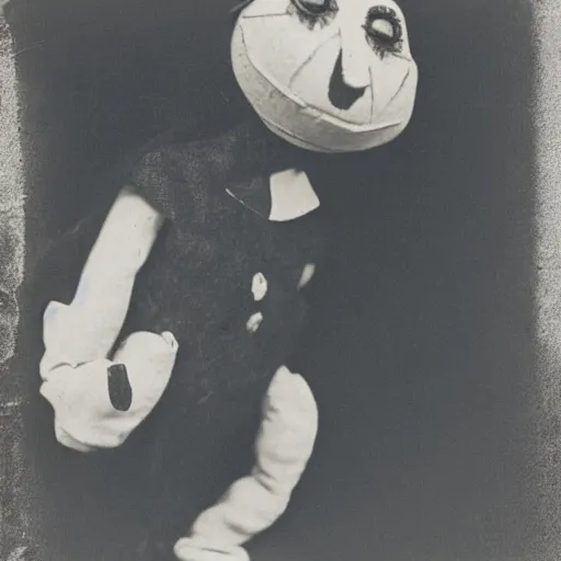 Image similar to ventriloquist figure laying on a stage, smiling, photograph, style of atget, unsettling, spooky, moody