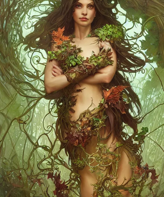 Image similar to a woman spore druid with leaf and vine themed clothing, fully clothed, glowing energy, D&D, fantasy, intricate, cinematic lighting, highly detailed, digital painting, artstation, concept art, smooth, sharp focus, illustration, art by Artgerm and Greg Rutkowski and Alphonse Mucha