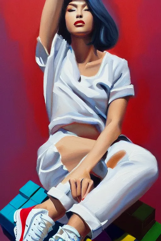 Image similar to a ultradetailed painting of a stylish woman sitting on a pile of sneaker boxes trending on artstation